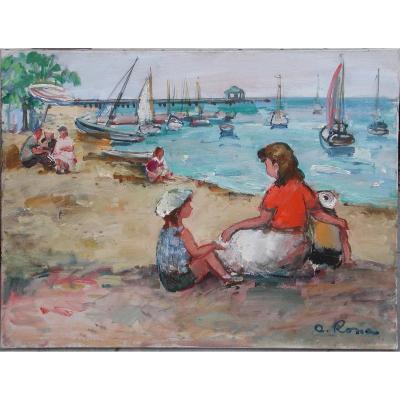 Bela Adalbert Rona  "bathers On The Beach" Oil On Canvas 50x61